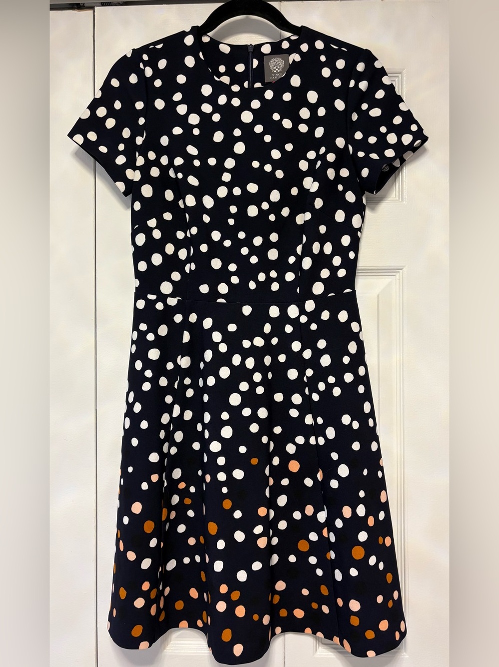 Vince Camuto Navy Blue Dress with White and Brown Polka Dots